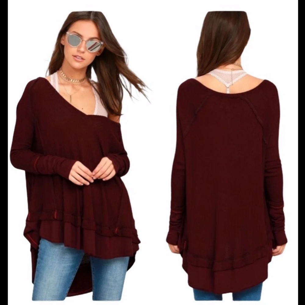 Free people Women's  We The Free Boho Burgundy Laguna Thermal V-neck Sweater M